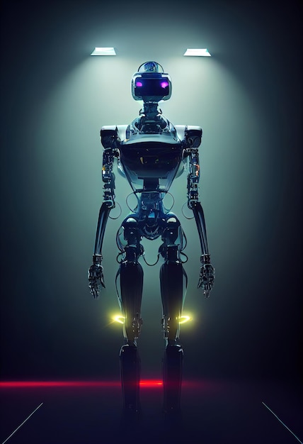 Robot cyborg illuminated by light Scifi artificial intelligence background 3D illustration