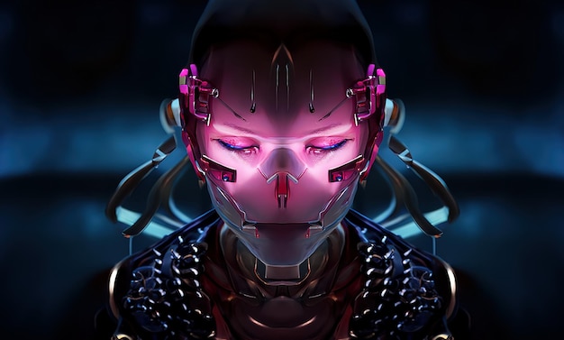 Robot cyborg woman humanoid face skull technological cyborg head Futuristic metallic science fiction female Fantastic 3d illustration