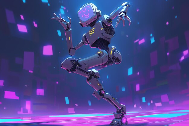 A robot in a dance pose surrounded by a hologram