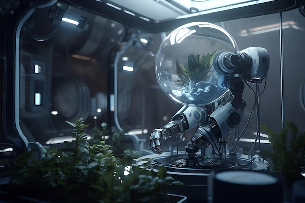 A robot in a dark room with a glass dome and plants in the background.