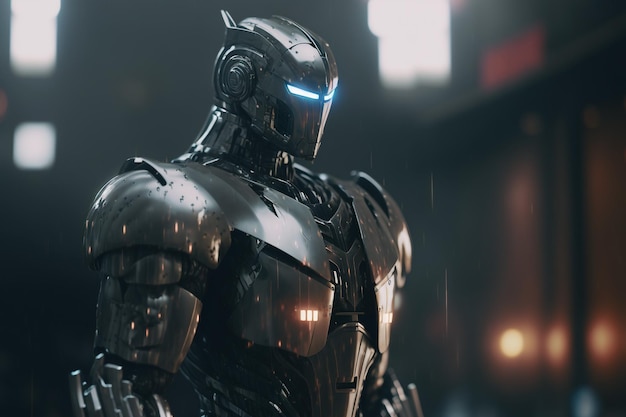 A robot in a dark scene with the word iron on it