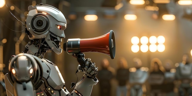 Robot director with red megaphone giving instructions to actors on set Concept Film set Robot director Red megaphone Giving instructions Actors