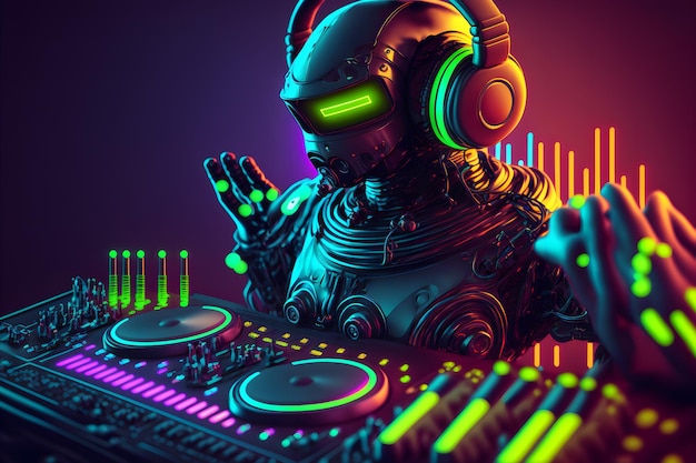 Robot disc jockey at the dj mixer and turntable plays nightclub during party edm entertainment party