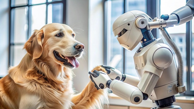 Photo a robot and a dog are shaking hands with one of them is a robot