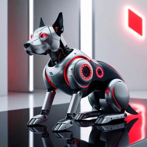 Photo a robot dog is sitting on a black surface with red circles on the back