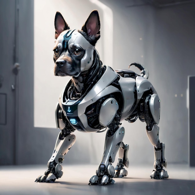 Photo a robot dog that has a collar that says robot on it