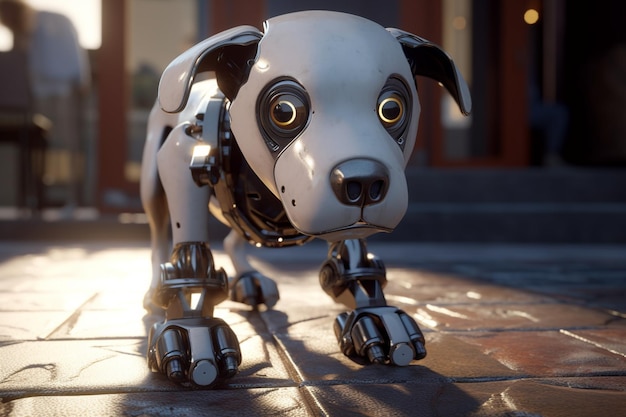 A robot dog with a black nose and a white face.