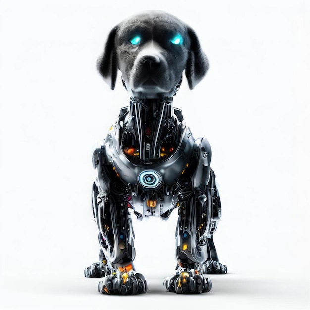 Photo a robot dog with blue eyes is standing in front of a white background.