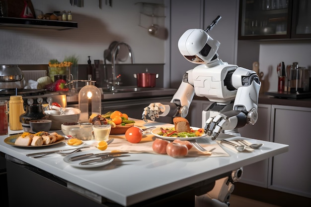 Robot domestic assistance making dinner at the kitchen at home Artificial intelligence helping people with housework Futuristic concept Generated AI