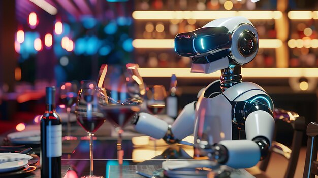 Robot enjoying a glass of wine in a fancy restaurant