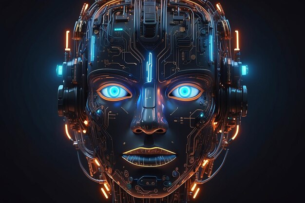 Robot face with glowing circuits