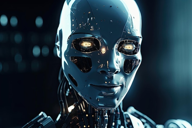 A robot face with glowing yellow lights and a blue background.