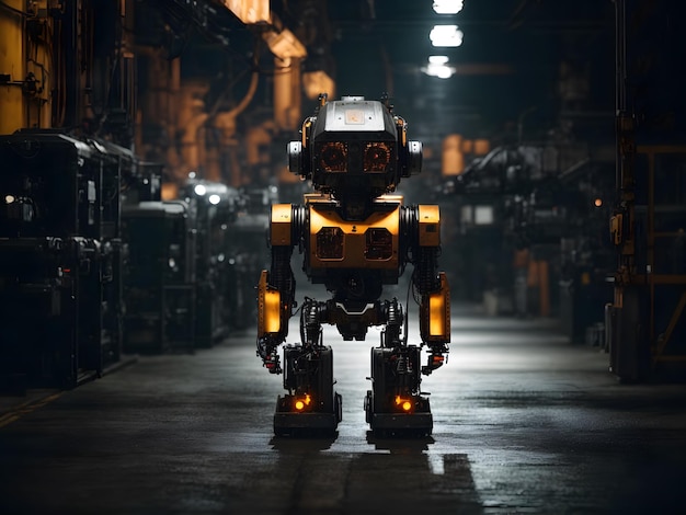 A robot in a factory with dark background