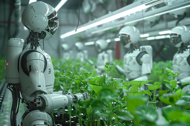 a robot in a factory with many plants growing out of it