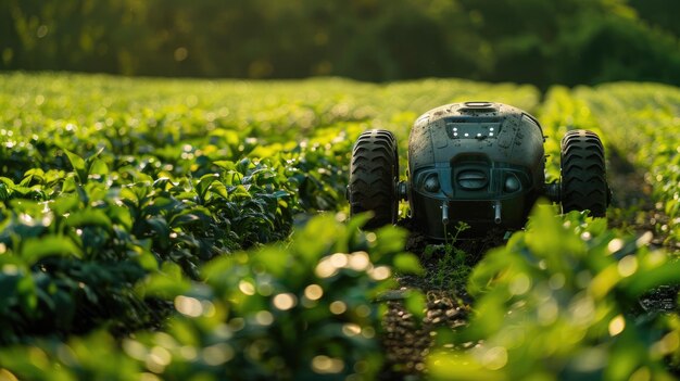 Photo a robot for farming on a green field solid color background 4k ultra hd