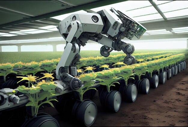 Photo robot farming harvesting agricultural products in greenhouse innovative futuristics technology and 5g smart farming concept generative ai