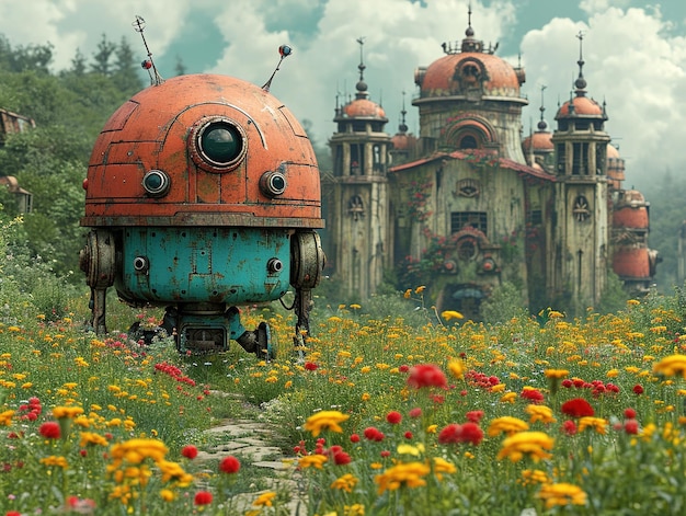 a robot in a field of flowers with a building in the background