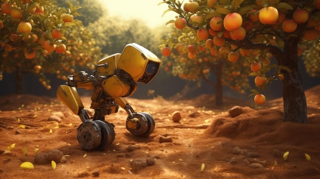 A robot in a field of orange trees