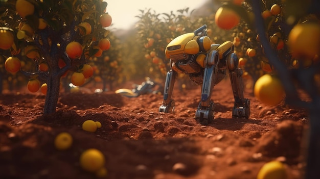 A robot in a field of oranges