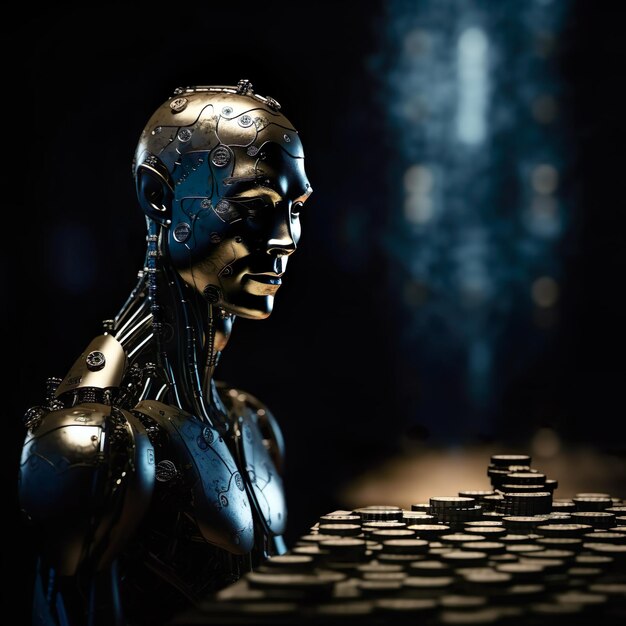 A robot figure with a chess board in the background