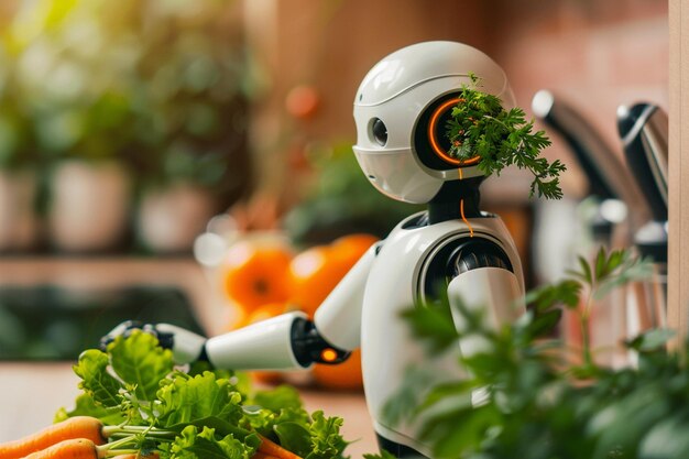 Photo a robot figurine stands in front of some vegetables