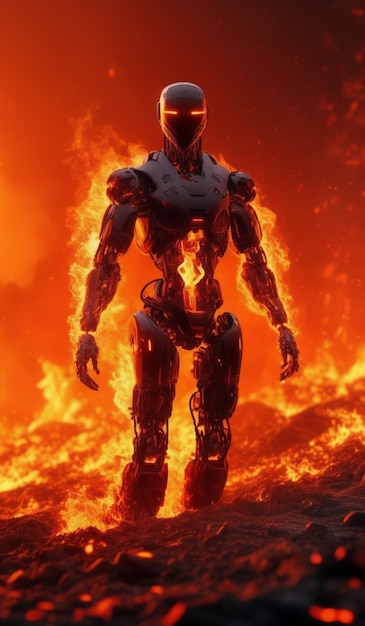 a robot in the fire with a fire background