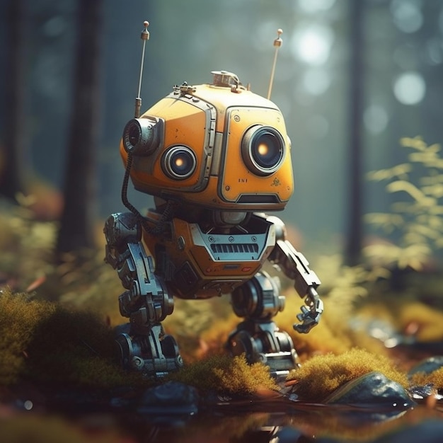 A robot in a forest with a background of trees.