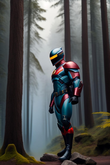 A robot in a forest with the words robot on the back