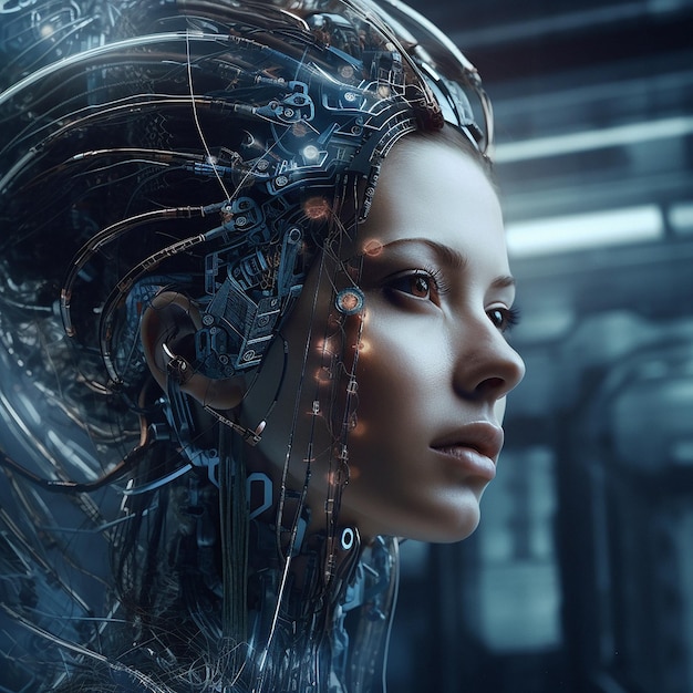 Robot futuristic gaming and scifi woman for fantasy character digital video game and metaverse Technology virtual reality and girl in dystopian city at night with ai generated cyborg art