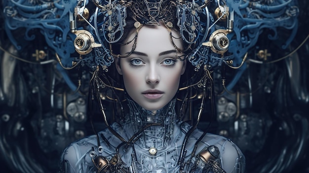 Robot girl with realistic face and metal mechanisms closeup