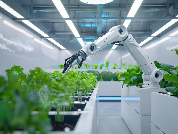 a robot in a greenhouse with a plant growing in it