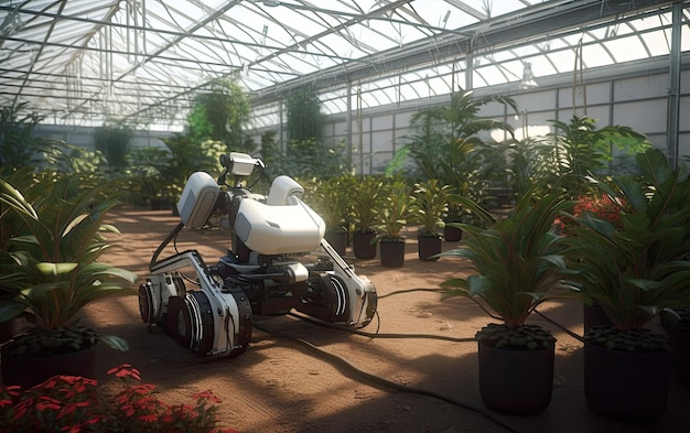 A robot in a greenhouse with plants on the floor