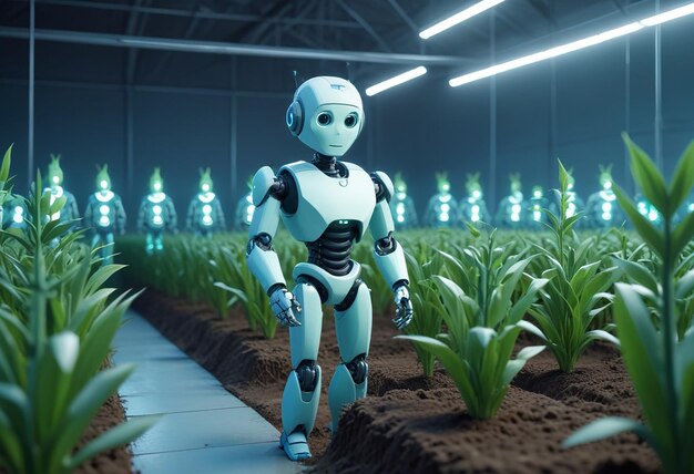 a robot in a greenhouse with plants growing in it