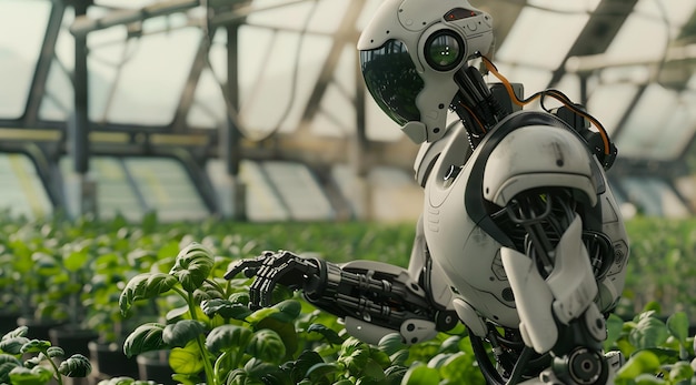 a robot in a greenhouse with a robot in the background