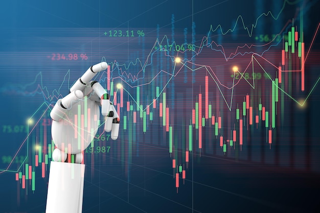 Robot hand Artificial intelligence trading stock or forex graph with data business and buy and sell icon concept background 3d illustration