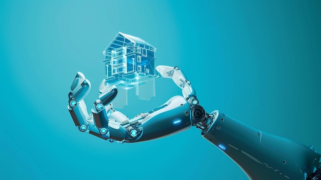 A robot hand holding an hologram architectural model Smooth and solid blue background