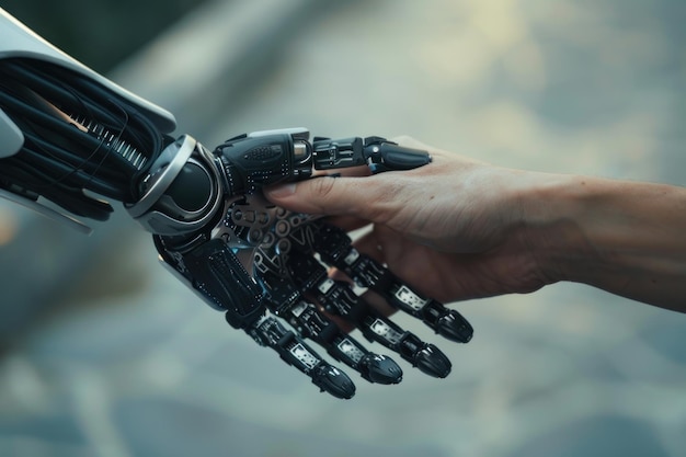 Robot hand holding human hand Artificial intelligence and machine learning concept