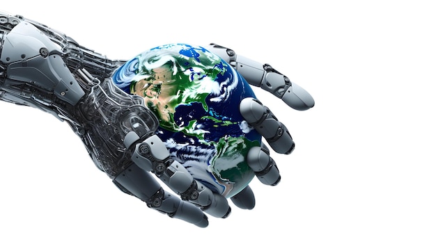 Robot Hand Holding planet Earth isolated on white