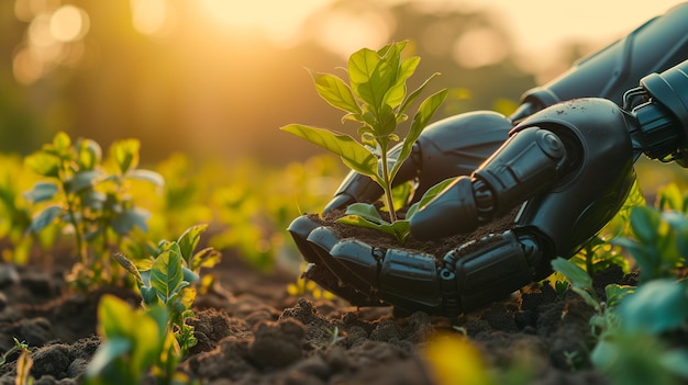 Robot hand holding young plant on blur green nature background Eco earth day concept Ai generated