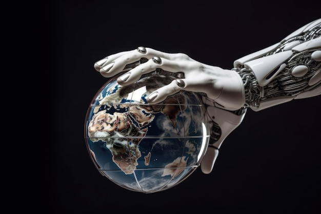 Robot hand holds planet globe Generative AI