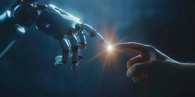 A robot hand is touching a human hand The robot hand is made of metal and has a blue light on it