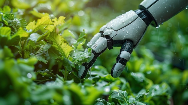 Photo robot hand in nature future of agriculture