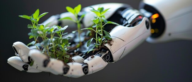 Photo robot hand nurturing small plants to promote ecology and green technology with ai