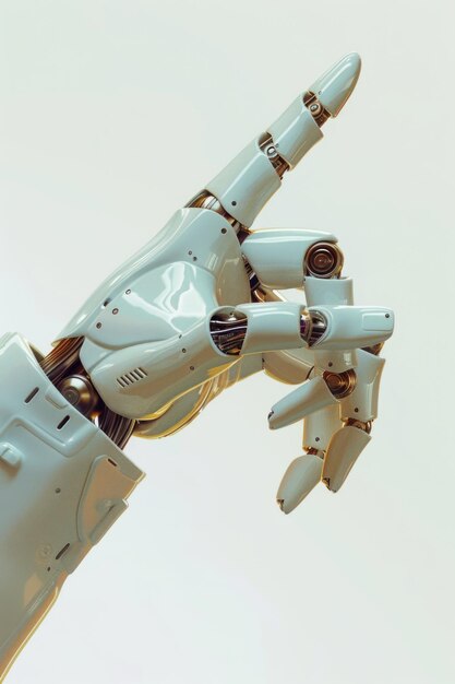 Photo a robot hand pointing up with a silver and gold finish