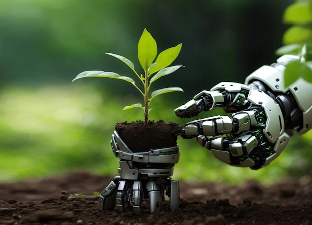 Robot hand taking care of young plant sprout Green ai tech energy agriculture image theme