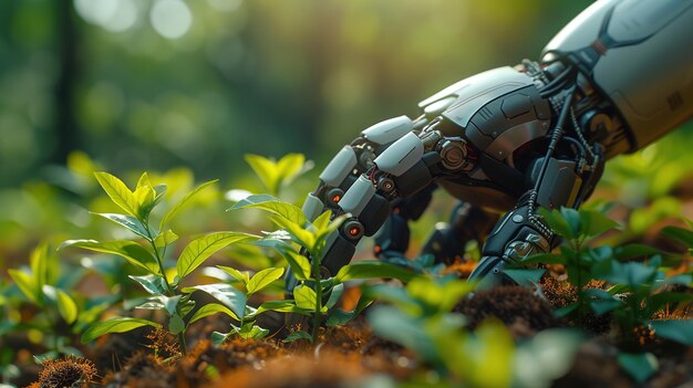 Robot hand touching green plant in the garden Artificial intelligence concept