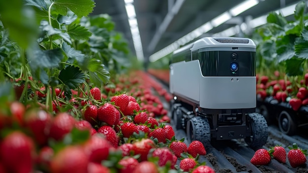 Robot Harvesting Strawberries in a Modern Greenhouse 3D Illustration