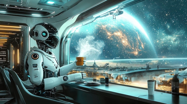 Photo robot having a coffee break in a futuristic space cafe with panoramic view