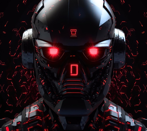 Robot head face with red eyes logo sticker print black background generative ai