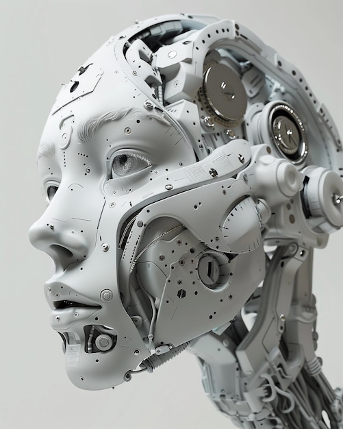 Robot head on grey background Artificial intelligence concept